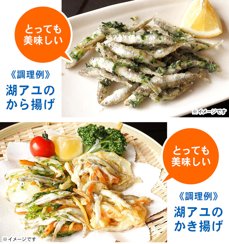とっても美味しい 調理例 湖アユのから揚げ とっても美味しい 湖アユのかき揚げ